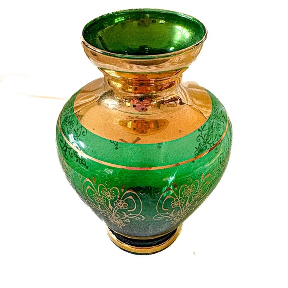 Laguna Murano Glass Bud Vase – Emerald Green & Gold Gilt, Italian Art Glass - Picture 8 of 10